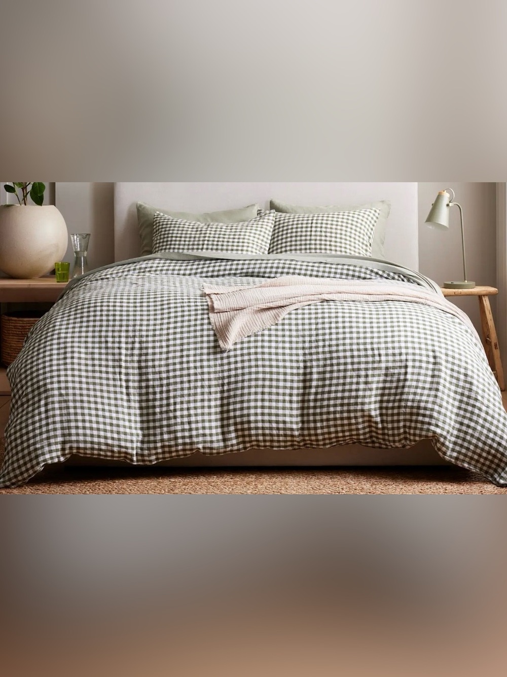 NWT Quince European Linen Gingham 3 Pc Duvet Cover Set, King/Cal (Olive)